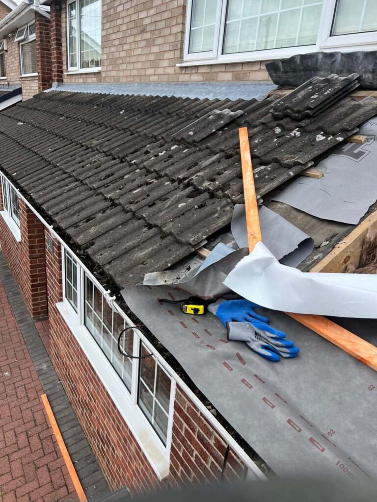 This is a photo of a pitched roof which is being repaired. The existing roof was leaking badly. Works carried out by Waterlooville Roofing Repairs